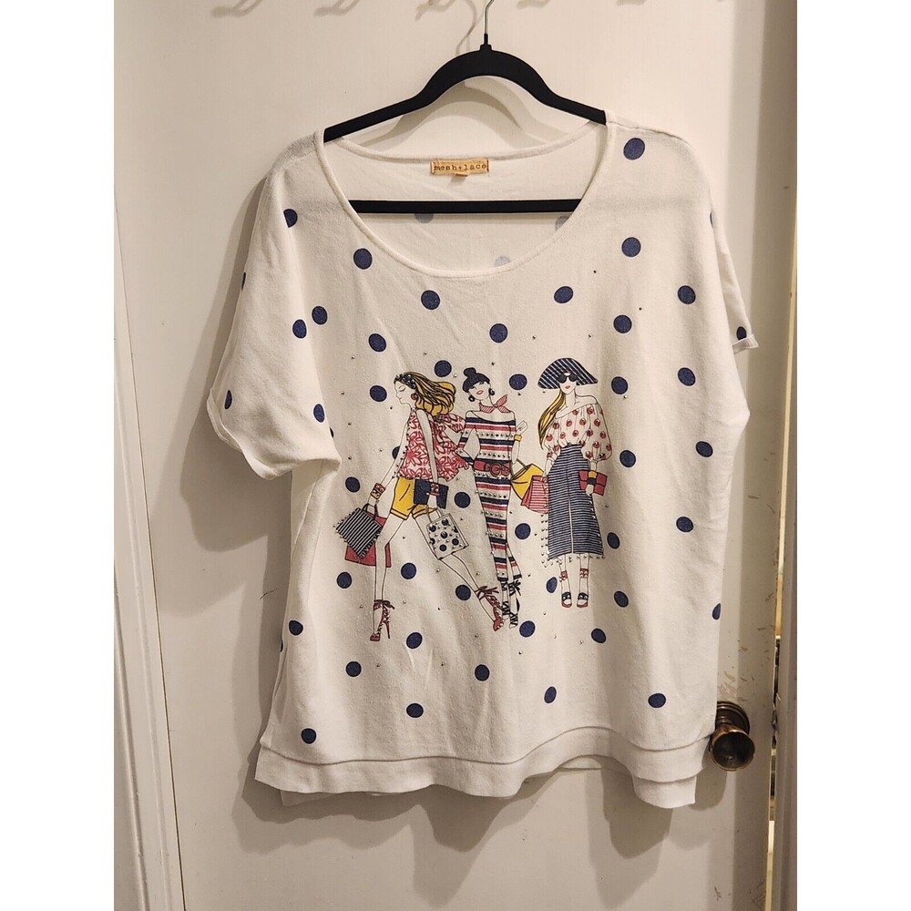Women's White Polka Dot Graphic Blouse with Navy Accents